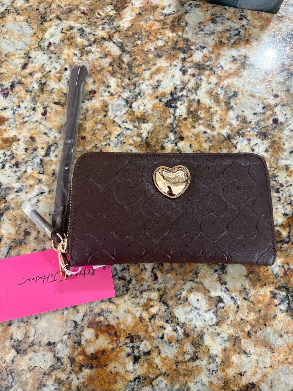 Betsey Johnson Heart-Embossed Brown Wristlet Wallet with Gold Heart Accent